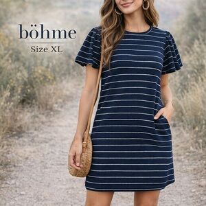 Böhme Navy Blue Striped Shift Dress XL Flutter Sleeve Casual Stretch Mini Dress